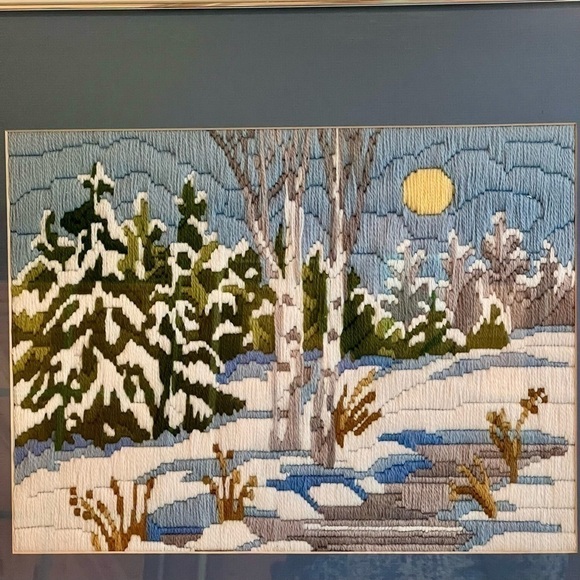 Crewel Embroidery Art Hand Stitched Winter Snow Scene Professionally Framed EUC - Picture 2 of 13